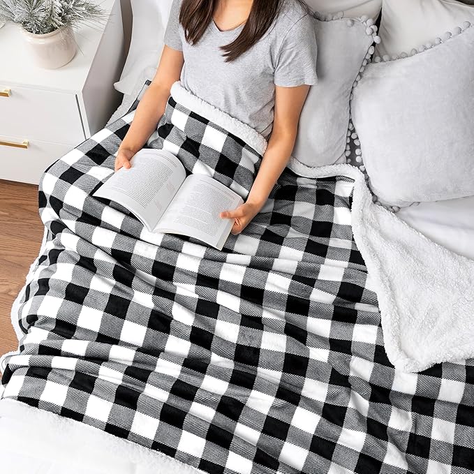 PAVILIA Black and White Buffalo Plaid Sherpa Throw Blanket for Couch, Plush Checkered Fleece Blanket and Throws, Soft Fuzzy Flannel Blanket for Sofa Bed, Warm Cozy Winter Blanket Gift, 50x60