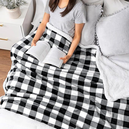 PAVILIA Black and White Buffalo Plaid Sherpa Throw Blanket for Couch, Plush Checkered Fleece Blanket and Throws, Soft Fuzzy Flannel Blanket for Sofa Bed, Warm Cozy Winter Blanket Gift, 50x60