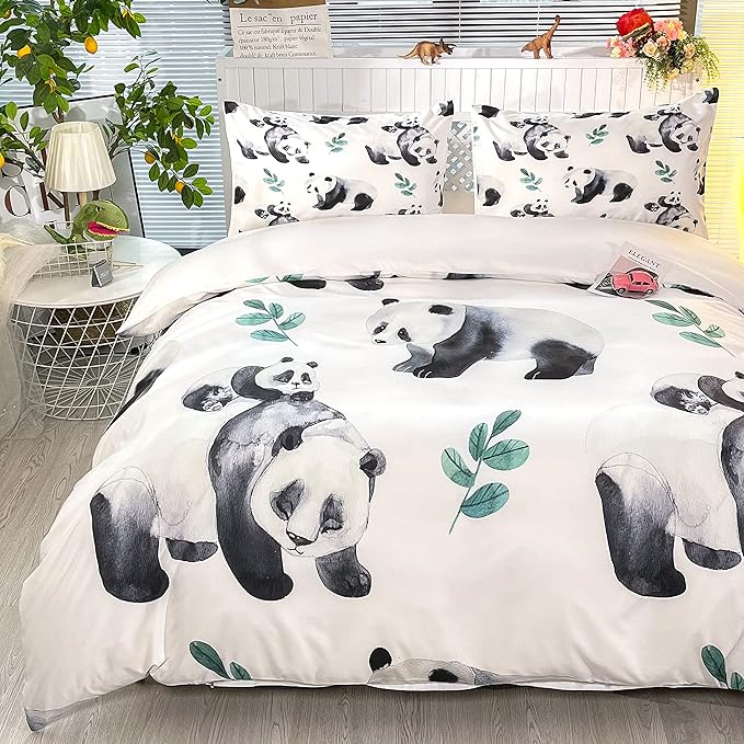 CVHOUSE Panda Duvet Cover Set Full,Panda Bedding Set for Boys Girls,Animal Comforter Cover,Cute Cartoon Pandas Quilt Cover Set,1 Quilt Cover 2 Pillowcases 3 Piece