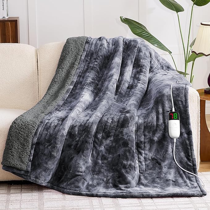 greenoak Heated Electric Blanket Throw, Faux Fur Sherpa Heating Blanket for Sofa Bed, Warm Winter Gift for Dad/Grandma, Heater Lap Blankets 5-Position Timer &10 Heating Levels 62''*84" Marble Grey