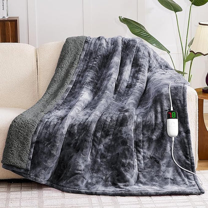 greenoak Heated Electric Blanket Throw, Faux Fur Sherpa Heating Blanket for Sofa Bed, Warm Winter Gift for Dad/Grandma, Heater Lap Blankets 5-Position Timer &10 Heating Levels 62''*84" Marble Grey