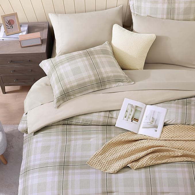 MaiRêve Plaid Twin XL Comforter Set, Khaki Green Grid Bedding Set for Boys & Girls, Classic Checkered Bed in A Bag Comforter Sets with Fitted & Flat Sheet, Pillowcase & Sham 66"x90"