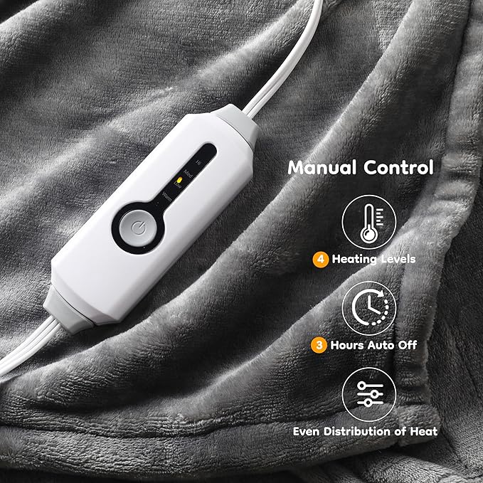Electric Heated Blanket Throw Size 50×60, Breathable & Luxurious Flannel,Soft Warm Gift with Over-Heat Protection,4 Heating Levels & 3 H Auto Shut Off, Machine Washable, Light Grey