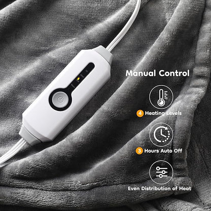 Electric Heated Blanket Throw Size 50×60, Breathable & Luxurious Flannel,Soft Warm Gift with Over-Heat Protection,4 Heating Levels & 3 H Auto Shut Off, Machine Washable, Light Grey