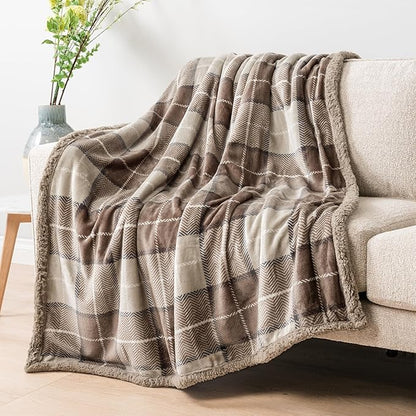 PAVILIA Taupe Plaid Sherpa Throw Blanket for Couch Twins, Soft Fuzzy Cabin Blanket and Throws, Warm Cozy Winter Gift Blanket, 60x80