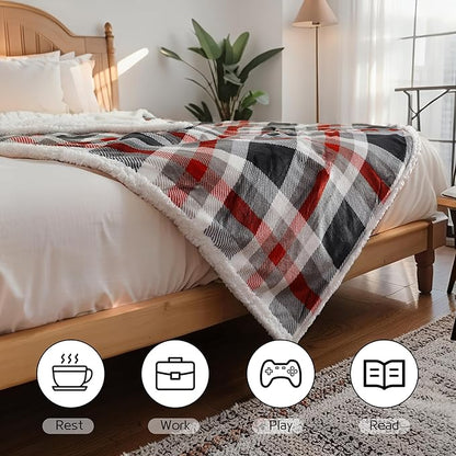 Electric Heated Blanket 72"x84" Full Size, Soft Flannel and Sherpa Double-Sided Material with 4 Heating Levels and 10 Hours Auto-Off, Machine Washable, Cozy Plush Fabric for Home, Black & Red Plaid
