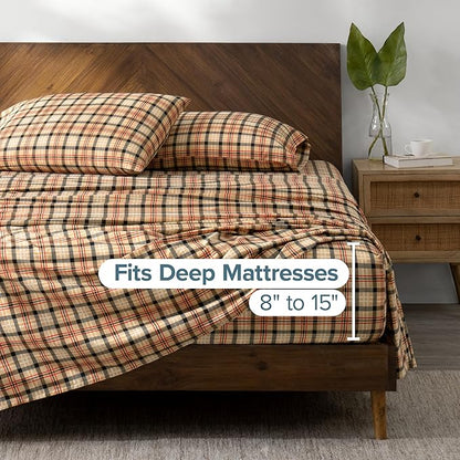 Bare Home Flannel Sheet Set Prints, 100% Cotton, Velvety Soft Heavyweight - Double Brushed Flannel for Extra Softness & Comfort - Deep Pocket - Bed Sheets (Cal King, Red Lodge Plaid)