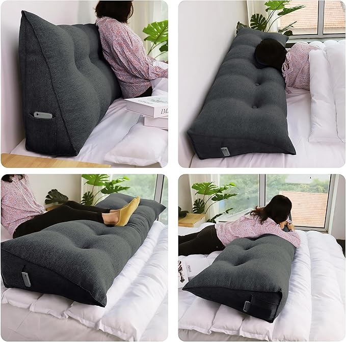 Headboard Pillow Wedge Full Size Large Bolster Pillow for Bed Triangle Reading Pillow Back Support Pillow for Sitting Up in Bed XXL Couch Daybed Bed Rest Backrest Cushion Linen Anthracite