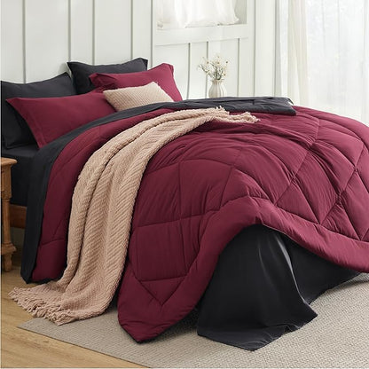 Bedsure King Size Comforter Set - 7 Pieces Reversible Burgundy and Black Bedding, King Size Bed Set for All Seasons, Bed in a Bag with Down Alternative Comforter, Sheets, Pillowcases & Shams