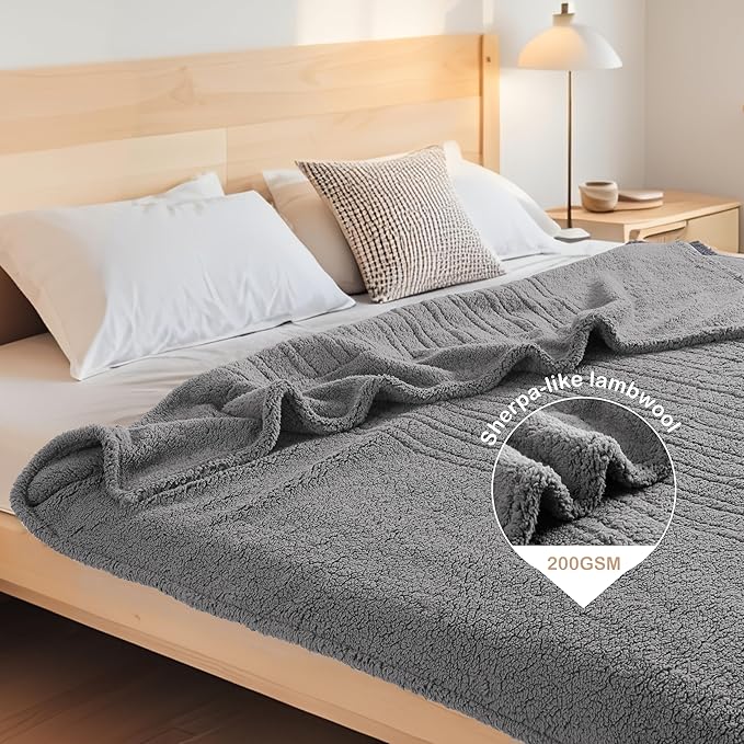 Electric Heated Blanket Throw Size 50"×60" with 6 Heating Levels & 3 Hours Auto Off, Heating Blanket Double Sided Plush Sherpa, Fast Heating, Machine Washable for Christmas Gift - Light Gray