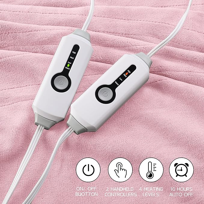 Electric Heated Blanket 84"x90" Queen Size, Soft Coral Fleece, Dual Controllers with 4 Heating Levels and 10 Hours Auto-Off, Machine Washable, Cozy Plush Fabric for Home, Pink