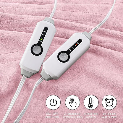 Electric Heated Blanket 84"x90" Queen Size, Soft Coral Fleece, Dual Controllers with 4 Heating Levels and 10 Hours Auto-Off, Machine Washable, Cozy Plush Fabric for Home, Pink