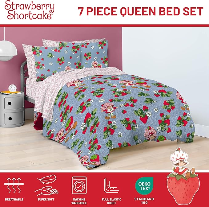 Jay Franco Kids Comforter Set Includes Sheets and Pillow Covers - Soft and Cozy Bed Set for Stylish Room Decor, Blue - Strawberry Shortcake, 7 Piece Queen Size Bedding