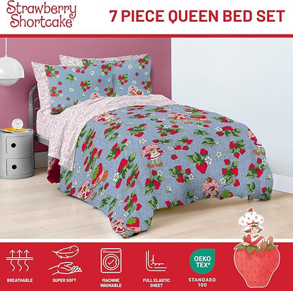 Jay Franco Kids Comforter Set Includes Sheets and Pillow Covers - Soft and Cozy Bed Set for Stylish Room Decor, Blue - Strawberry Shortcake, 7 Piece Queen Size Bedding