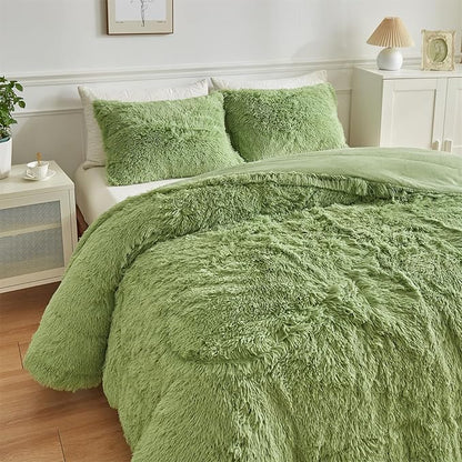 Wajade Faux Fur Plush Sage Green Comforter Set Fluffy Fuzzy Shaggy Bedding Set - 3PC King Size Microfiber Soft Warm Quilt Set