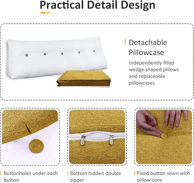 Wedge Pillow Headboard Reading Pillow for Sitting Up in Bed Adult Backrest Large Triangle Bolster Pillow for Couch Daybed Cushion Lumbar Body Support Leg Positioning（Yellow, Queen）