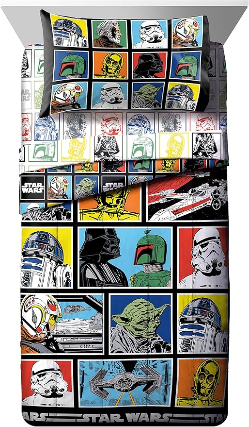 Jay Franco Star Wars Classic Grid 5 Piece Full Bed Set - Includes Reversible Comforter & Sheet Set - Bedding Features Luke Skywalker - Super Soft Fade Resistant Microfiber (Official Product)