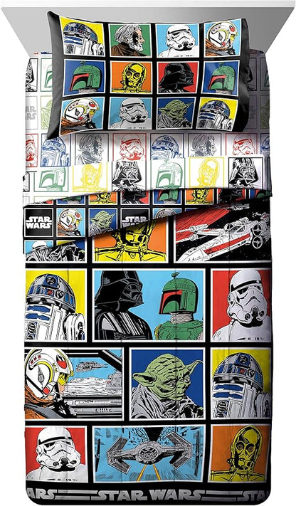 Jay Franco Star Wars Classic Grid 4 Piece Twin Bed Set - Includes Reversible Comforter & Sheet Set - Bedding Features Luke Skywalker - Super Soft Fade Resistant Microfiber