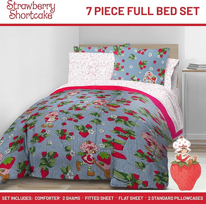 Jay Franco Kids Comforter Set Includes Sheets and Pillow Covers - Soft and Cozy Bed Set for Stylish Room Decor, Blue - Strawberry Shortcake, 7 Piece Full Size Bedding