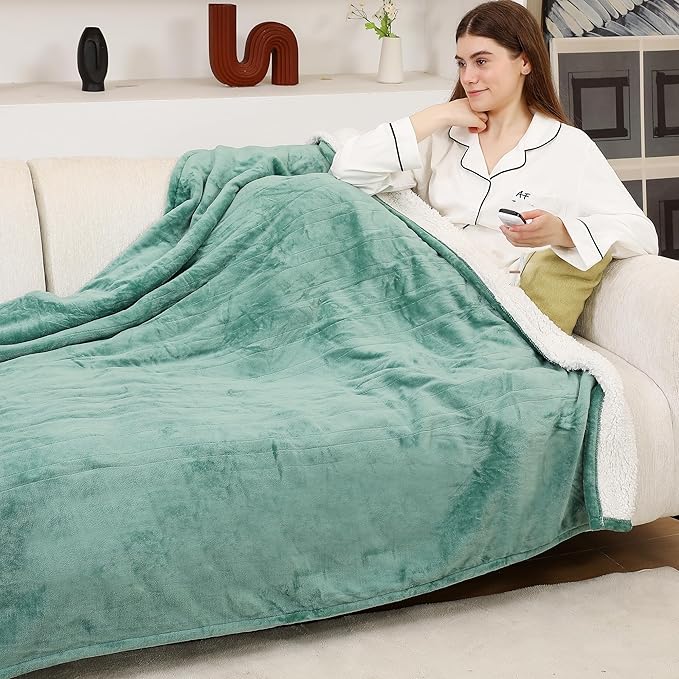 ESTINGO Full Electric Blanket, Heated Electric Blanket with Flannel and Sherpa, Washable Plush Heated Blanket with 6 Heating Levels & 1-10 Hours Auto Off, 72" x 84", Forest Green