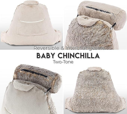 Husband Pillow XXL Ultra Rare Baby Chinchilla Backrest, Two-Tone Reversible Double Sided Fabulous Faux Fur Reading & Bed Rest Pillow with Arms & Neck Roll, Adjustable Memory Foam - Extremely Comfy