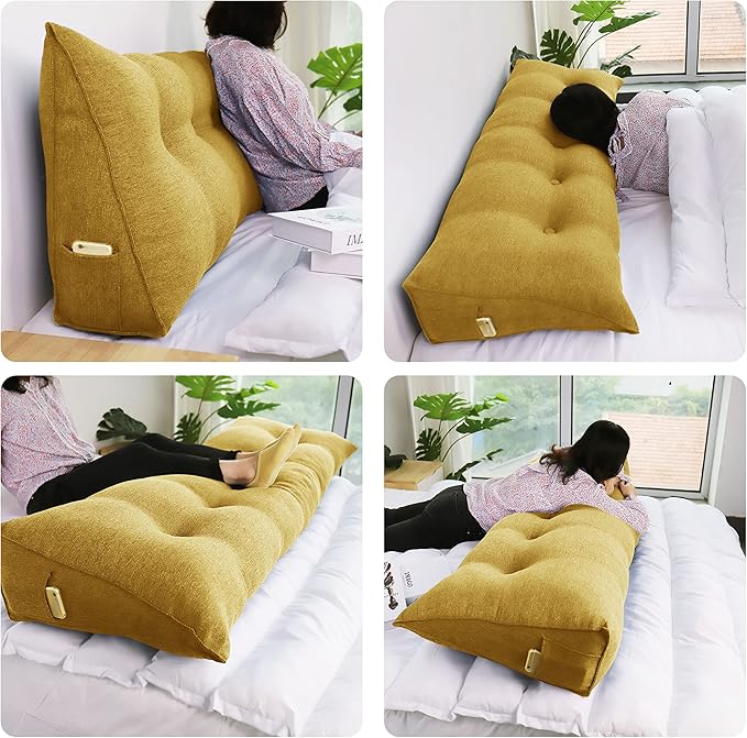 Wedge Headboard Pillow Dorm Room Reading Pillow Back Support for Sitting Up in Bed Bolster Lumbar Cushion Body Positioning Bedrest Cotton Linen 39in Yellow Twin