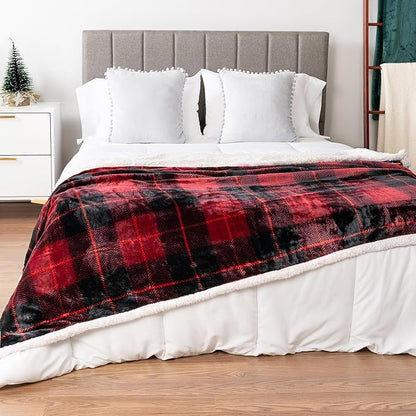 PAVILIA Red Plaid Sherpa Throw Blanket for Couch, Plush Flannel Fleece, Soft Fuzzy Cabin for Sofa Bed, Warm Cozy Winter Gift, 50x60