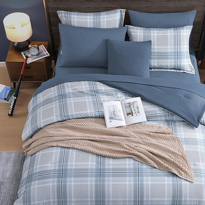 MaiRêve Plaid Queen Comforter Sets, Light Blue Grid Farmhouse Bedding Set Bed in A Bag, Classic Checkered Comforter Sets with Fitted & Flat Sheet, Pillowcases & Shams(Light Blue, 90"x90")