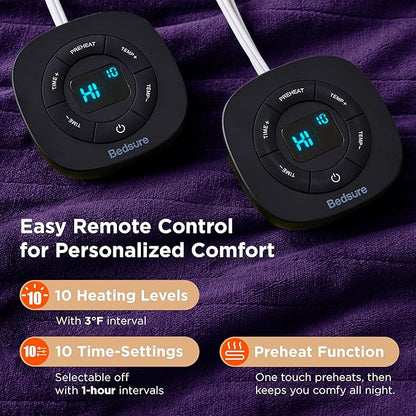 Bedsure Electric Blanket King Size - Dual Control Heated Blanket King Size, Fast Heating with 10 Time Settings & 10 Heat Settings, Warm Gift for Grandma (100x90 inches, Purple)