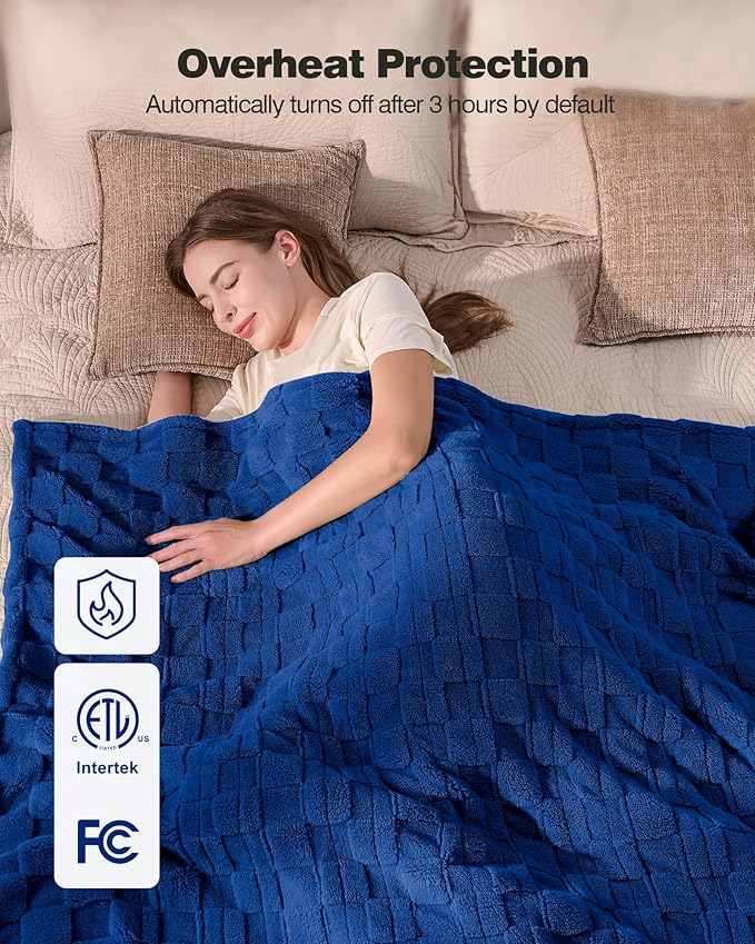 Heated Throw Blanket 50"x60" - 9-Level Fast Heating & 1-10H Timer, Fluffy Plush Blanket with Snap Buttons for Secure Fit, Warm Gift for Women/Men, for Couch, Bed & Office, Pageant Blue
