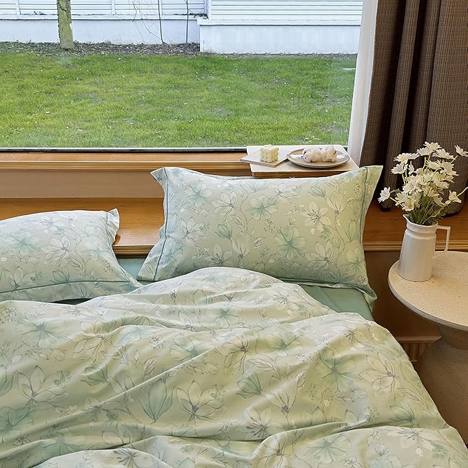 AOJIM Green Kids Adults Duvet Cover Set with Floral Patterns, Soft Comfy 100% Cotton Comforter Cover Set 3pcs, 1 AB Sided Quilt Cover Full Size and 2 Matching Pillowcases for Room Decor, No Quilt