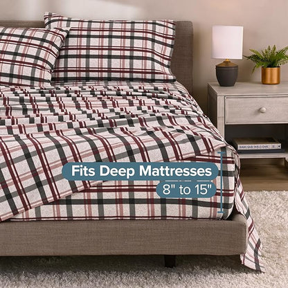 Bare Home Cotton Flannel Sheet Set Prints, 100% Cotton, Velvety Soft Heavyweight - Double Brushed for Softness & Comfort - Deep Pocket - Bed Sheets (Split King, Nordic Plaid - Black)