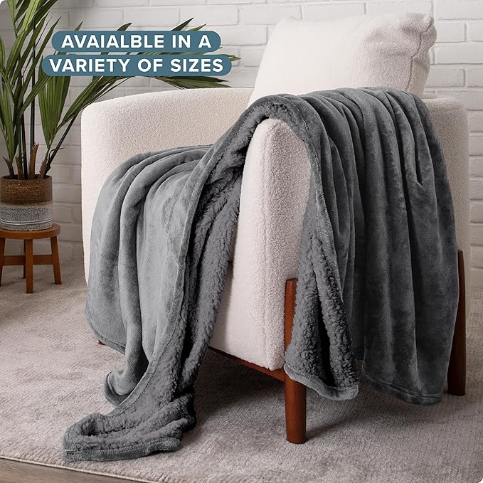 Bare Home Sherpa Fleece Blanket - Throw/Travel Size - Blanket for Bed, Sofa, and Couch - Warm & Lightweight - Fluffy & Soft - Reversible (Throw/Travel, Grey with Grey Sherpa)