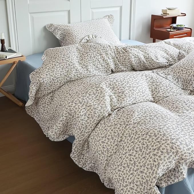 BuLuTu Muslin Cotton Duvet Cover Set Queen, Shabby Chic Blue Floral Bedding Comforter Cover with Ruffles, Soft Breathable Quilt Cover Teens Young Adults Bed Set, Machine Wash