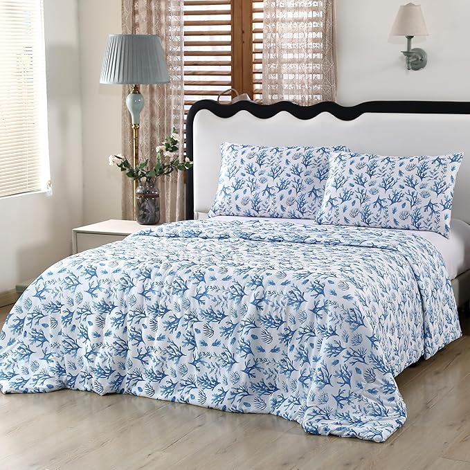 SDIII Blue Ocean Comforter Set Queen 3 Pieces, Silky Breathable Microfiber and Spandex, Ocean Themed Bedding Set Queen for Boys Girls Kids and Teens