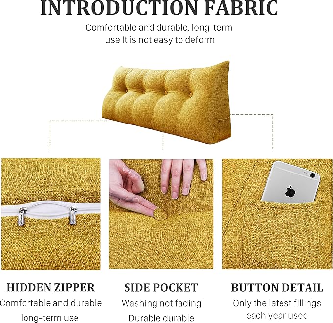 13 lbs Thickened Headboard Pillow Wedge Pillow Headboard Reading Pillow Bed for Comfortable Backrest Reading Triangular Pillow with Side Pocket Backrest Pillows for Sitting in Bed Yellow Full