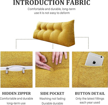 13 lbs Thickened Headboard Pillow Wedge Pillow Headboard Reading Pillow Bed for Comfortable Backrest Reading Triangular Pillow with Side Pocket Backrest Pillows for Sitting in Bed Yellow Full