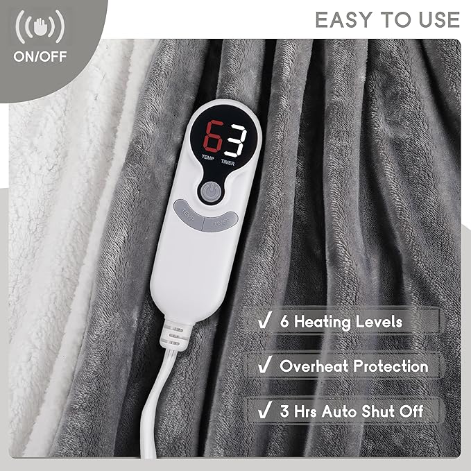 Heated Blanket Electric Throw 50''x60'', 3 Hour Auto Shut-Off 6 Heating Levels Small Warm Soft Flannel Electric Blanket Machine Washable - Light Grey