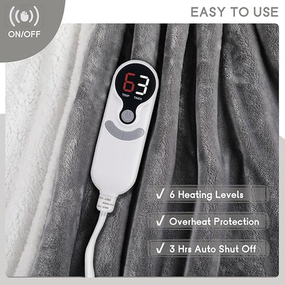 Heated Blanket Electric Throw 50''x60'', 3 Hour Auto Shut-Off 6 Heating Levels Small Warm Soft Flannel Electric Blanket Machine Washable - Light Grey