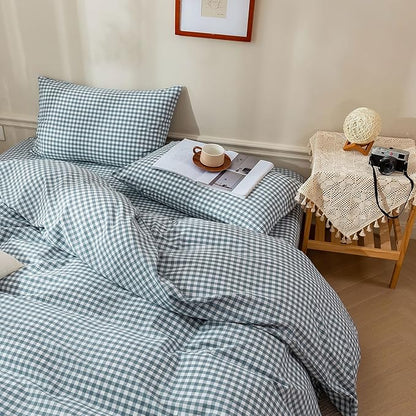 BuLuTu Blue Check Duvet Cover Set Full Cotton Soft Breathable Bedding Duvet Cover for Kids Boys Blue White Buffalo Plaid Comforter Cover Set 【 3Pcs -1 Full Duvet Cover Set + 2 Pillowcases】