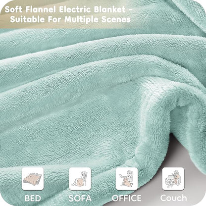 Electric Heated Blanket 84" x 90" Queen Size with Dual Control Warm Flannel Heated Blanket with 4 Heating Levels & 10 Hours Auto-Off, Fast Heating, Machine Washable, for Bedding - Light Green