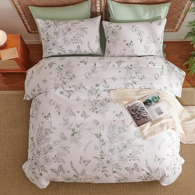 Floral Duvet Cover Queen Size Green Flower Butterfly Bedding Set 3Pcs Romantic Spring Garden Aesthetic Botanical Reversible Cooling Comforter Cover with Zipper Closure & Corner Ties