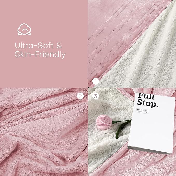 Electric Heated Blanket Twin Size 62"x84" - Flannel & Sherpa Fabric Dual-Sided, 6 Heat Settings & 10 Hours Auto Off, Soft & Cozy Warming Throw for Home, Office, or Bed, Machine Washable, Light Pink
