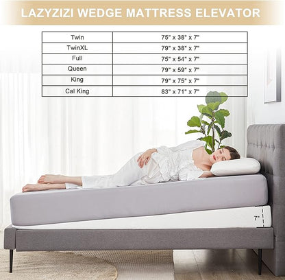 Wedge Mattress Elevator 7-Inch Inclined Mattress Topper for Acid Reflux, GERD, Neck & Back Pain, Snoring, Under Bed Wedge Mattress with Washable Cover & Non-Slip Bottom for Bedroom, Queen