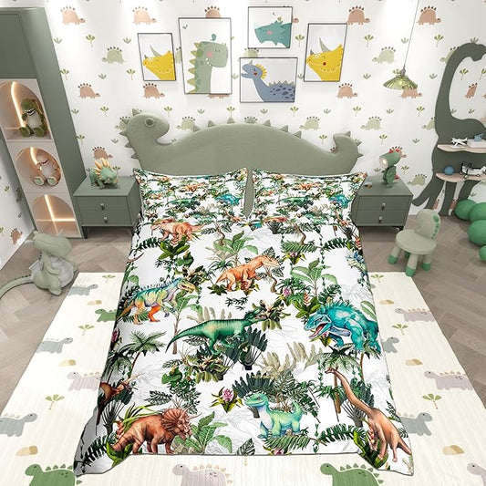 Colorful Dino Bedding Set King Size for Teens,Dinosaur Cartoon Wild Animal Painting Comforter Cover with 2 Pillowcases,Green Leaves Tropical Botanical White Duvet Cover Set Microfiber Quilt Cover