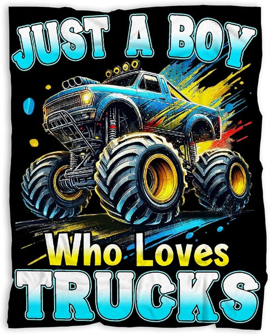 Truck Throw Blanket, Just A Boy Who Loves Trucks Flannel Blankets, Soft Cozy Lightweight Throws Gifts for Truck Lovers & Boys 40 x 30 Inch for Baby