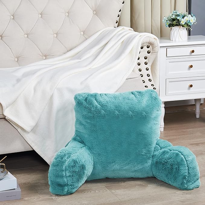 Home Soft Things Fox Faux Fur Bedrest Reading Pillow with Handle and Side Pocket, Backrest Armrest Pillow Back Support for Sitting up in Bed, Aqua, 20" x 18" x 17"