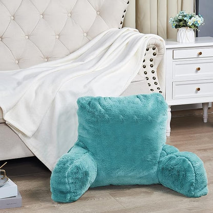 Home Soft Things Fox Faux Fur Bedrest Reading Pillow with Handle and Side Pocket, Backrest Armrest Pillow Back Support for Sitting up in Bed, Aqua, 20" x 18" x 17"