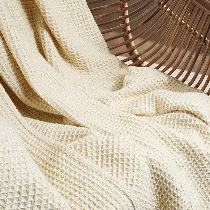 Tex Trend Ivory Waffle Blanket – 100% Cotton Blankets Queen Size – Breathable and Soft for Christmas & Winters – Suitable for Bed Layering, Sofa - Ivory (90”x90”)