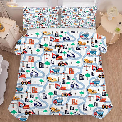 Cars Comforter Set Queen: Cartoon Truck Bedding for Boys Kids Teen Men Bedroom Construction White Dorm Quilt 1 Comforter + 2 Pillow Cases